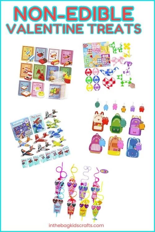 An assortment of colorful and creative valentine treats featuring non-edible Valentine ideas, perfect for kids and ideal for classroom valentines.