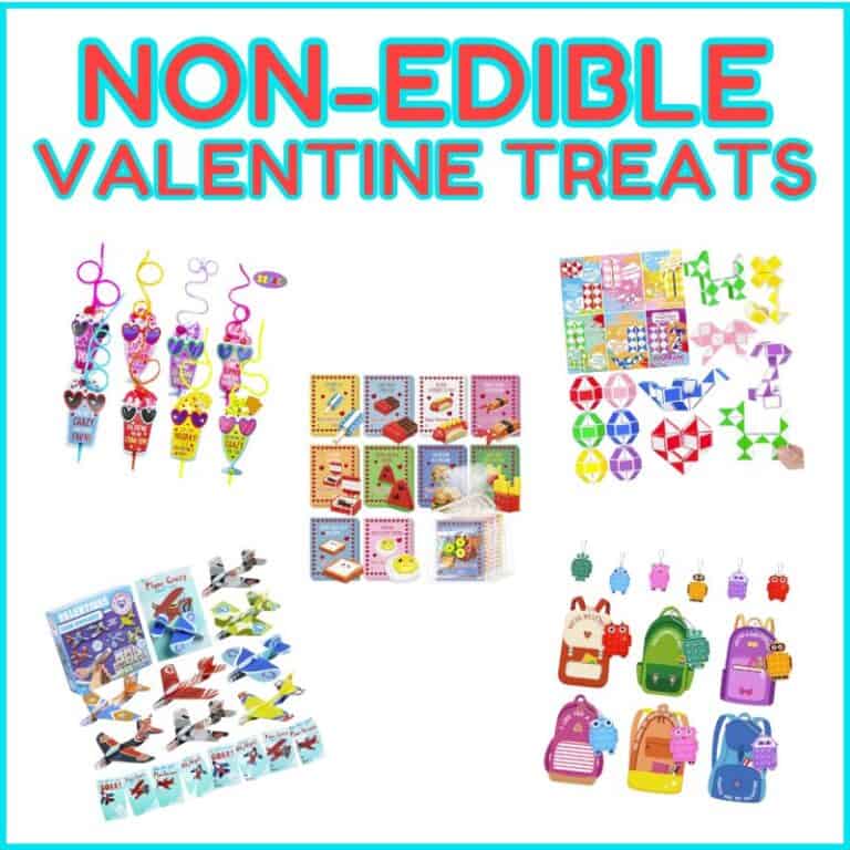 An assortment of colorful and creative valentine treats featuring non-edible Valentine ideas, perfect for kids and ideal for classroom valentines.