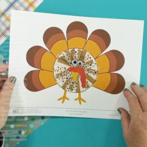 An image showing a preschool Thanksgiving turkey craft, designed as a fun and easy fine motor activity for kids.