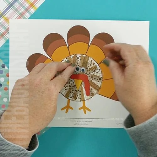 An image showing a preschool Thanksgiving turkey craft, designed as a fun and easy fine motor activity for kids. step 4
