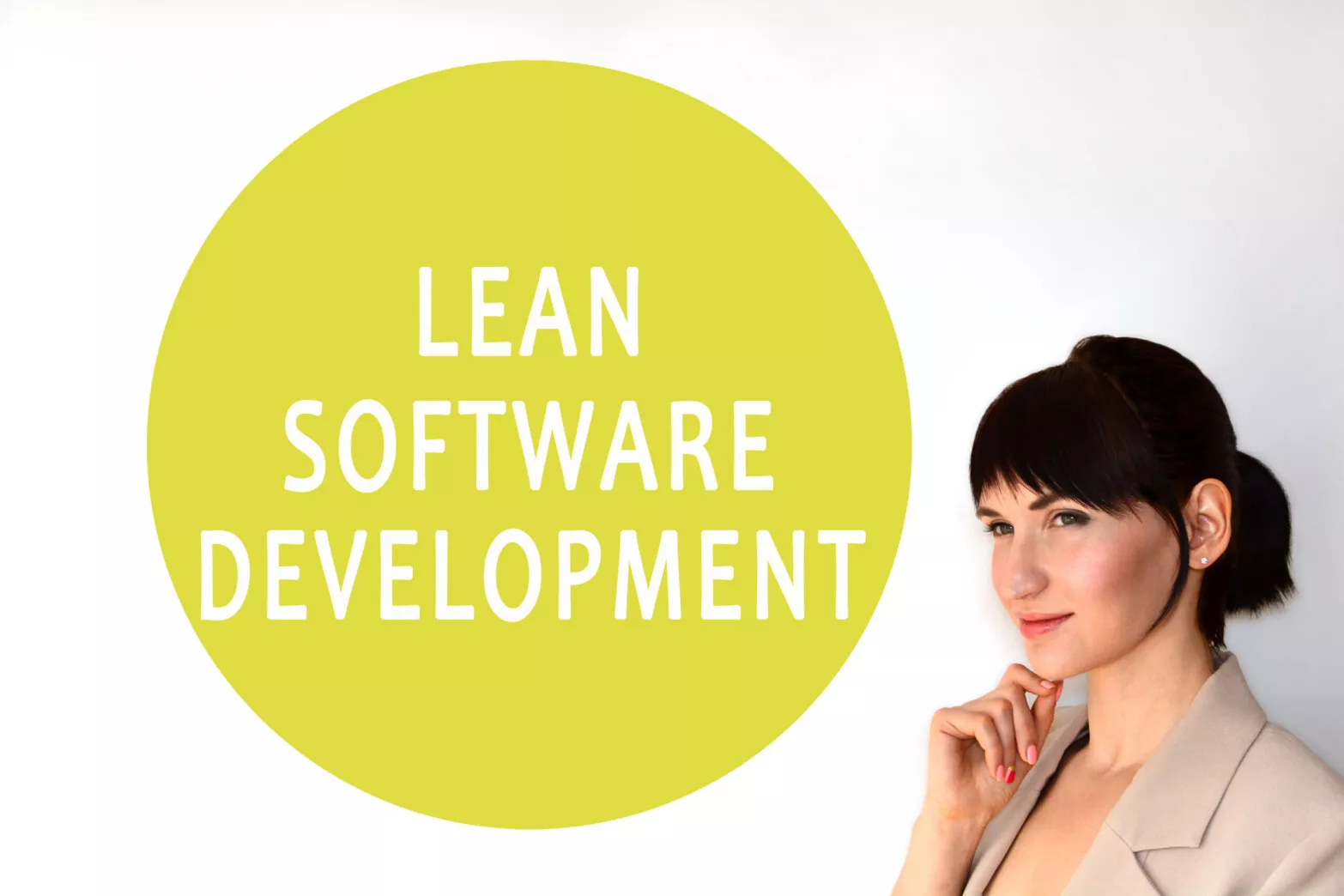 Lean software development concept with a woman thinking, emphasizing efficiency and process improvem.