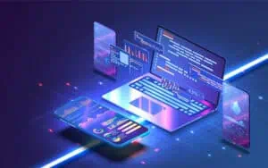 Digital illustration of software development challenges with coding and data visualization.