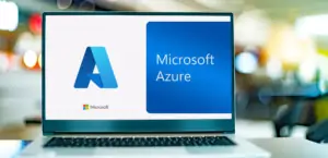 Microsoft Azure cloud platform on a laptop screen for cloud solutions.