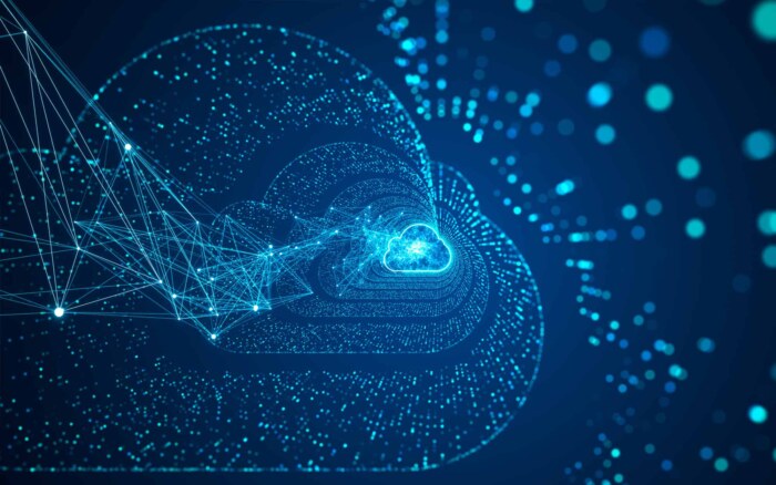 Cloud optimization technology with digital cloud and data network visuals.