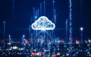 Cloud technology with digital data streams and a glowing cloud icon.