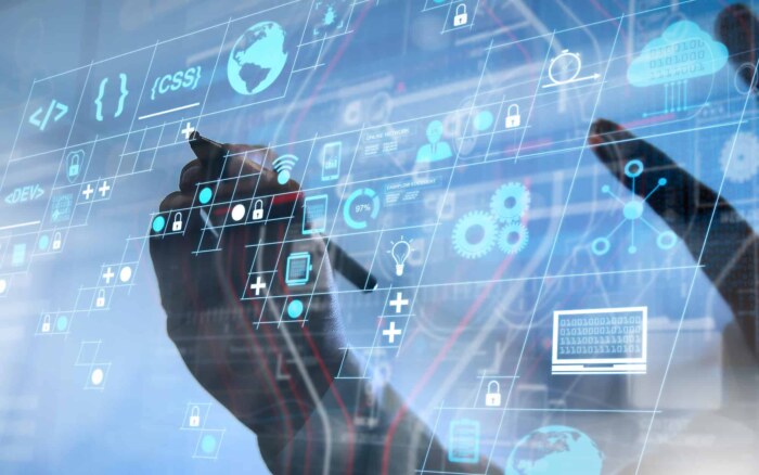 Digital interface with icons representing Microsoft Power Platform tools and cloud technology.