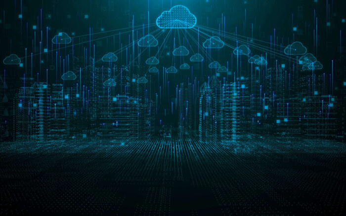 Digital cloud infrastructure with interconnected data streams and cloud icons.