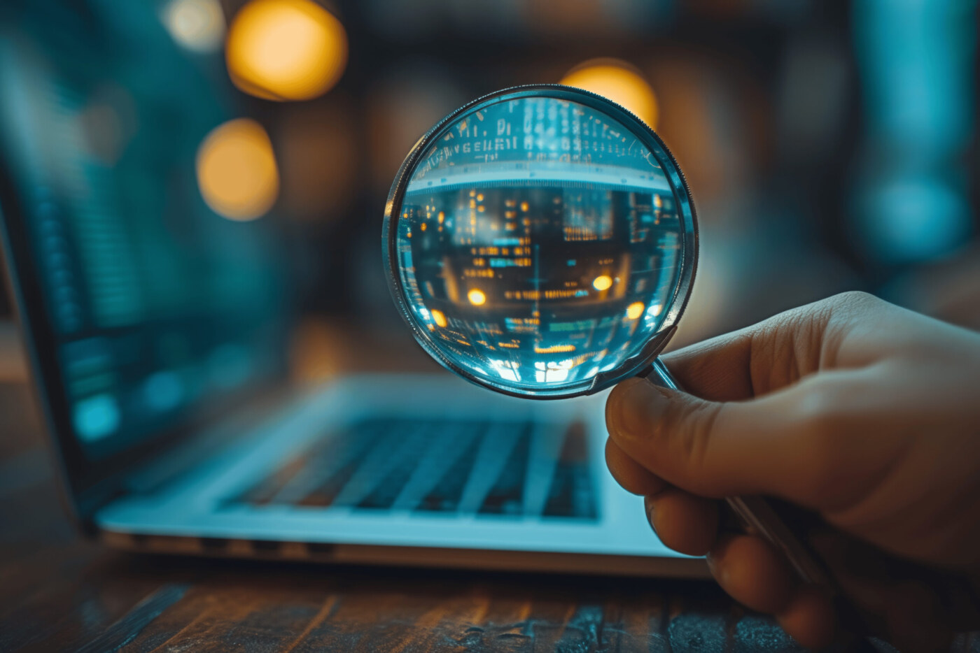 Hand holding magnifying glass over a laptop with code, highlighting software testing.