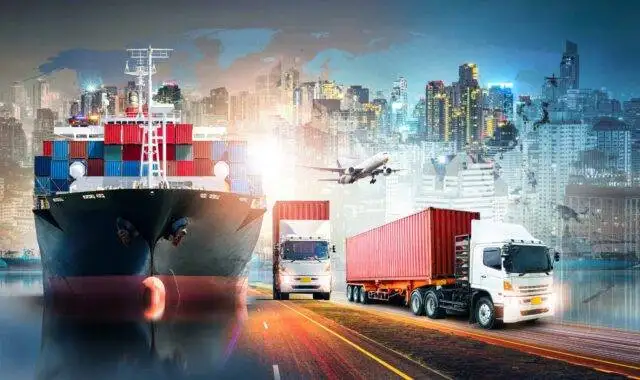 Modern logistics with container ships, trucks, and air freight in a bustling cityscape.