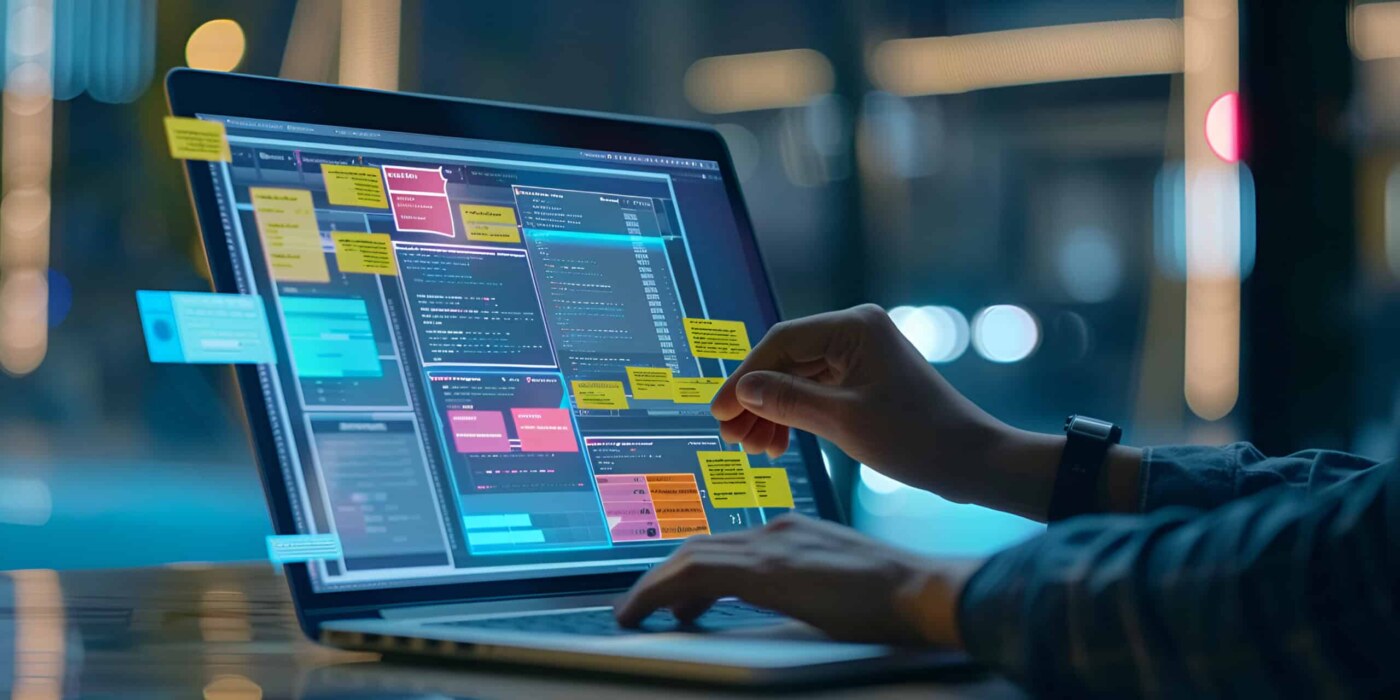 Agile project management software with user story mapping on a laptop screen.