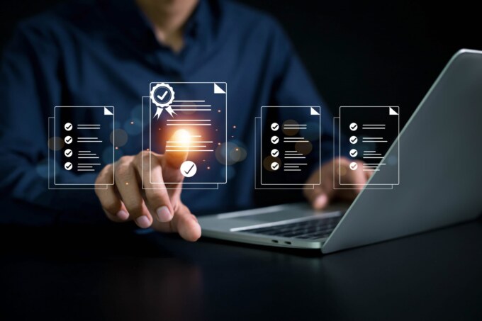 Digital security and data analysis with checklists and cloud icons.