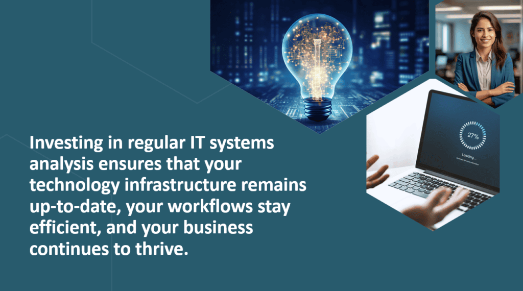 Businesswoman analyzing IT systems with a laptop and digital lightbulb graphic.