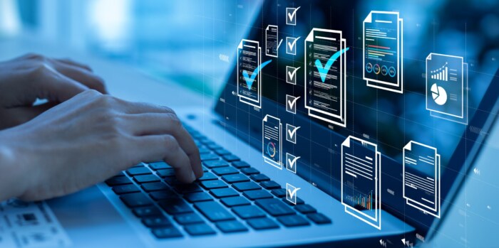 Digital interface with checklists and data charts for IT systems analysis.