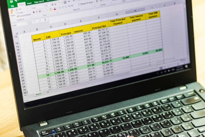 Business spreadsheet on laptop screen showing financial data and formulas.