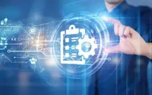 Digital transformation concept with a person interacting with a virtual interface.