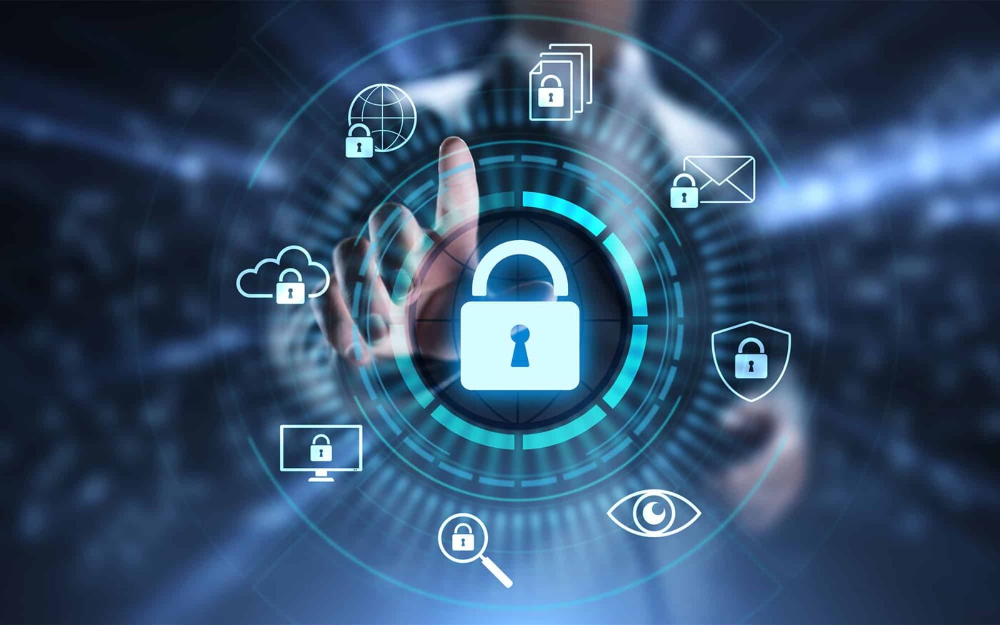 Digital security icons with a central lock symbol representing cybersecurity challenges.