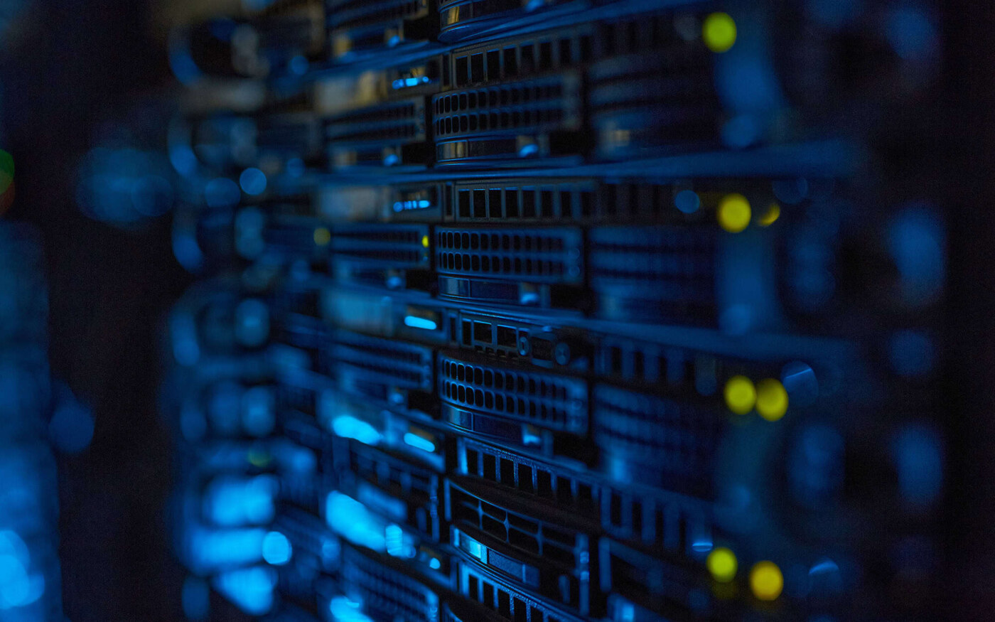 Data center server racks with secure enterprise IT infrastructure.