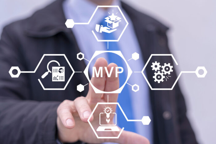 MVP concept for software development with digital icons and technology elements.