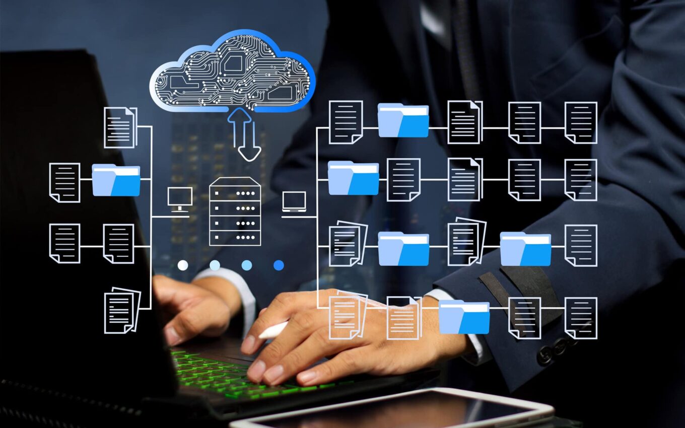 Cloud-based data management and file sharing illustration with folders and cloud icon.