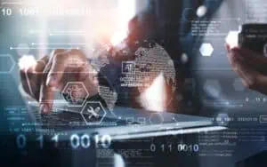 Business professional analyzing digital data for SharePoint solutions.