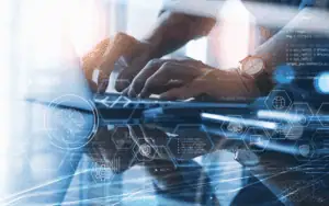 Business professional working on enterprise system integration using Microsoft tools.