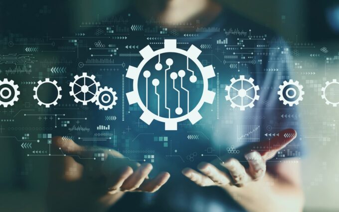 Digital automation gears representing streamlined project management and process optimization.