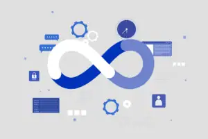 Illustration of Power Automate infinity loop with gears and icons for enterprise automation.