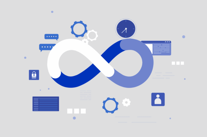 Illustration of Power Automate infinity loop with gears and icons for enterprise automation.