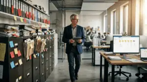 A suited man walks down a hallway holding a tablet in an busy office with filing cabinets and sticky notes lining the wall