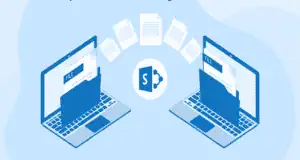 Two laptops exchanging SharePoint files with a central SharePoint icon.