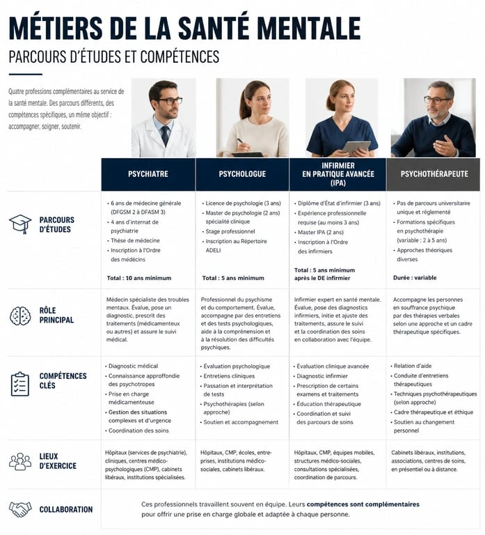 Infographie comparative des métiers de la santé mentale : psychiatre, psychologue, IPA et psychothérapeute pour devenir psychiatre sans faire médecine