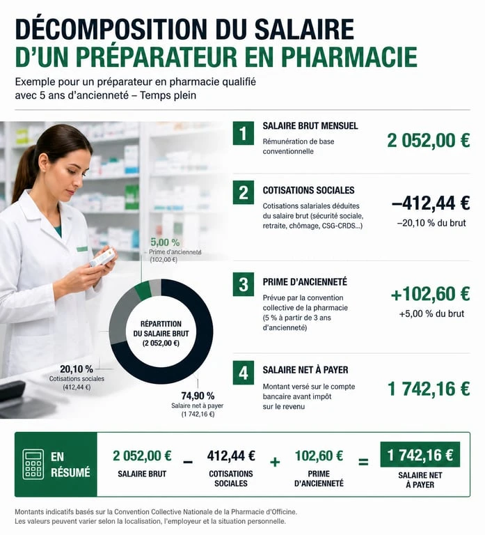 Infographie décomposition salaire préparateur en pharmacie