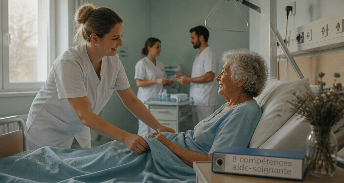 Les 8 compétences de l'aide soignante illustrées en chambre d'hôpital