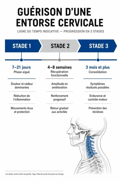 Infographie des délais de guérison d'une entorse cervicale selon la gravité