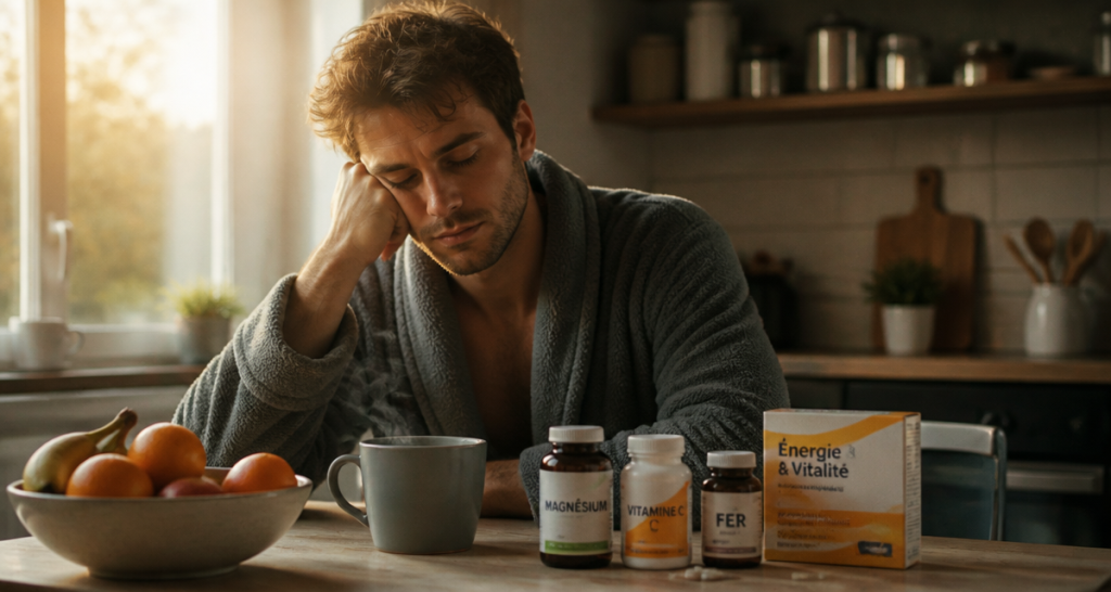 medicament contre la fatigue vitamines sur table petit-déjeuner