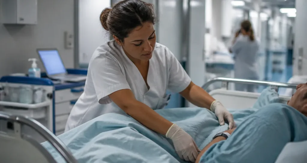 Aide-soignante à l'hôpital en binôme avec l’infirmier : repositionnement patient et soins
