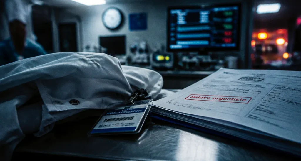 Salaire medecin urgentiste dans un service d’urgences, blouse et badge près d’un dossier