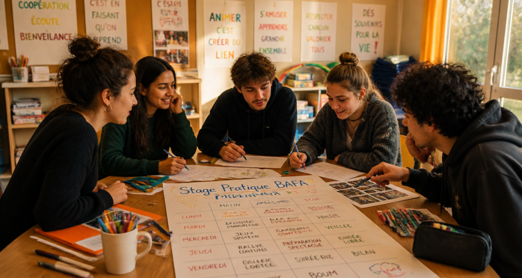 Stagiaires en stage pratique BAFA préparant des activités