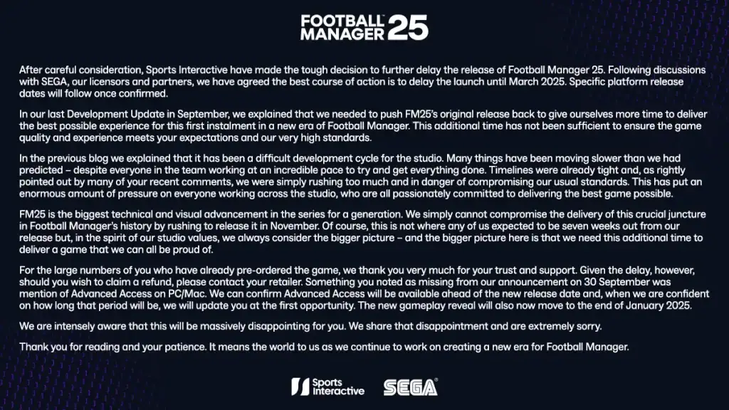 Football Manager 2025 Delayed Statement Football Manager 2025 Delayed Statement