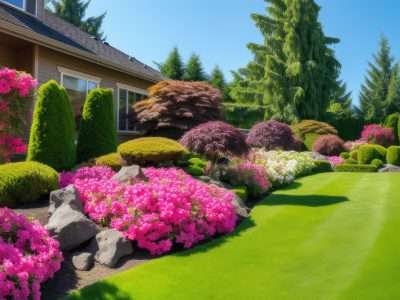 Creating a Lush, Vibrant Green Lawn: Expert Tips and Hints: Front yard, landscape design With multicolored shrubs intersecting with bright green lawns Behind the house is a modern, garden care service, green grass with a beautiful yard for the background.