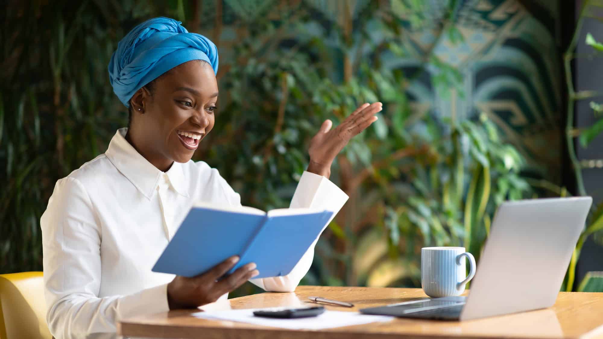 young woman attending online business meeting