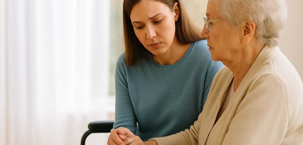 Adult child concernedly holding older relative's hand