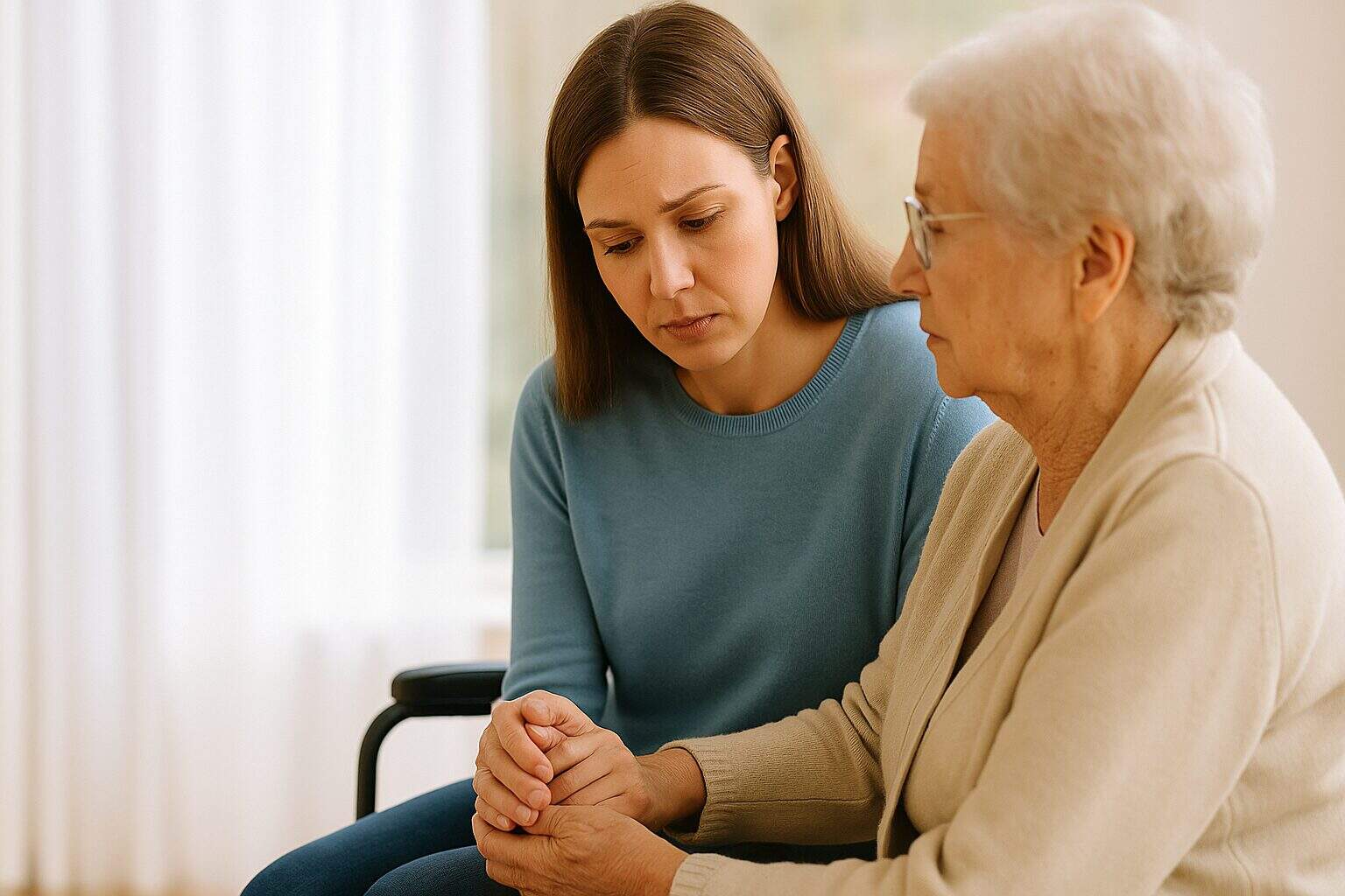 Adult child concernedly holding older relative’s hand