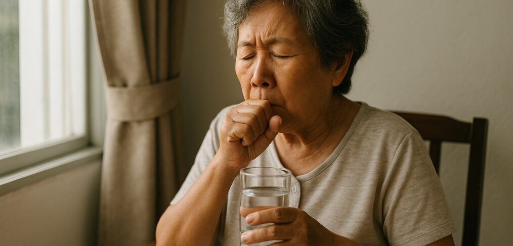 Elderly woman choking in a nursing home room