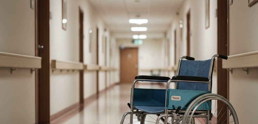 Empty wheel chair in a nursing home hallway