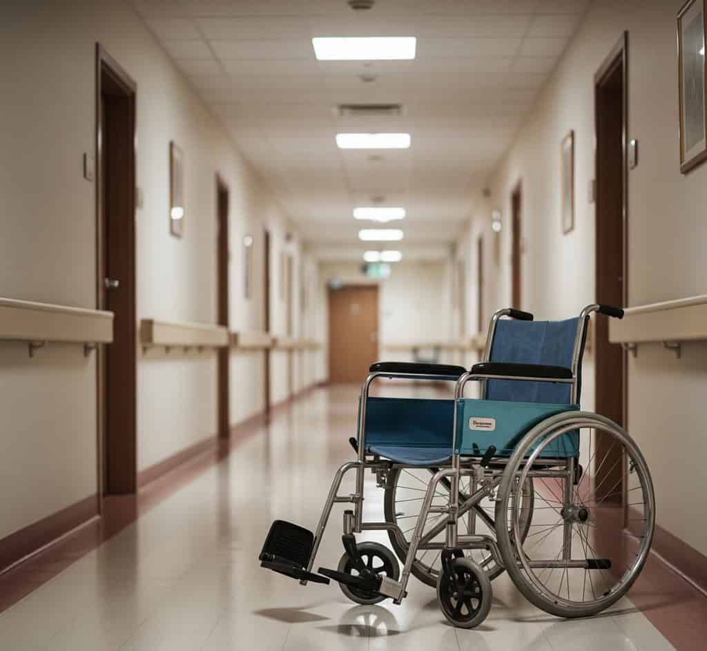 Empty wheel chair in a nursing home hallway