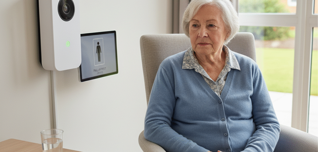Motion-activated security camera monitoring elderly woman indoors in living room.