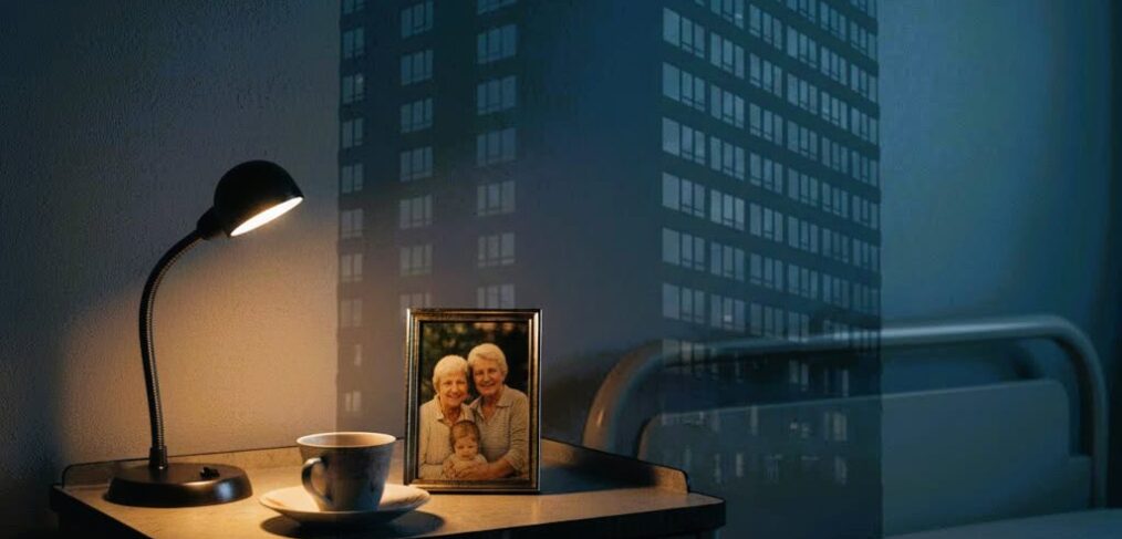 Conceptual image showing a corporate building shadow cast over a nursing home resident's bed and personal items, illustrating the hidden financial structures behind nursing home understaffing