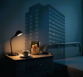 Conceptual image showing a corporate building shadow cast over a nursing home resident's bed and personal items, illustrating the hidden financial structures behind nursing home understaffing