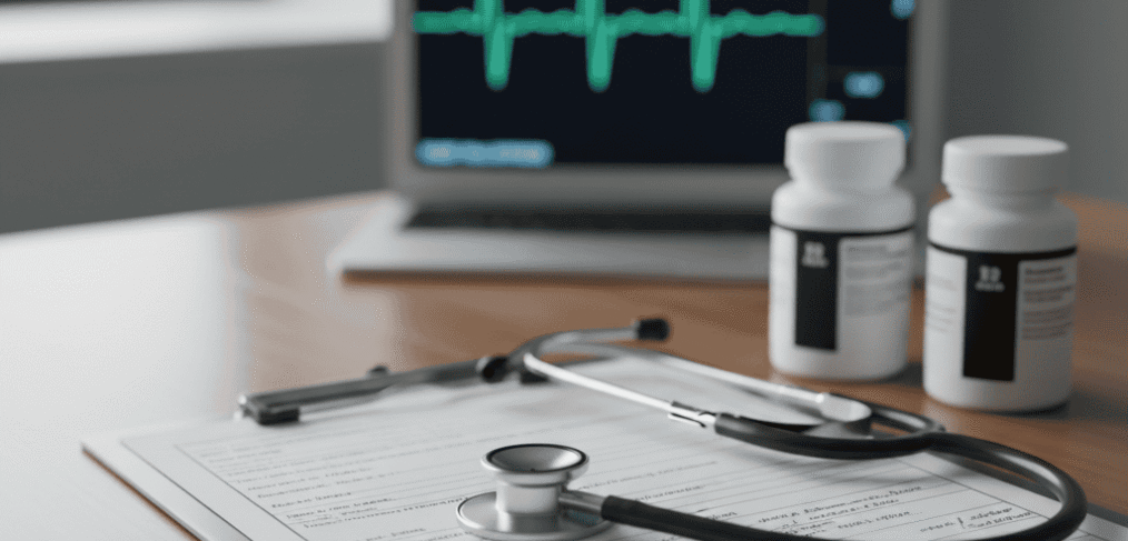 A medical chart, stethoscope, and medication bottles on a desk with a heart rate monitor in the background, representing the medical oversight required to prevent nursing home neglect.